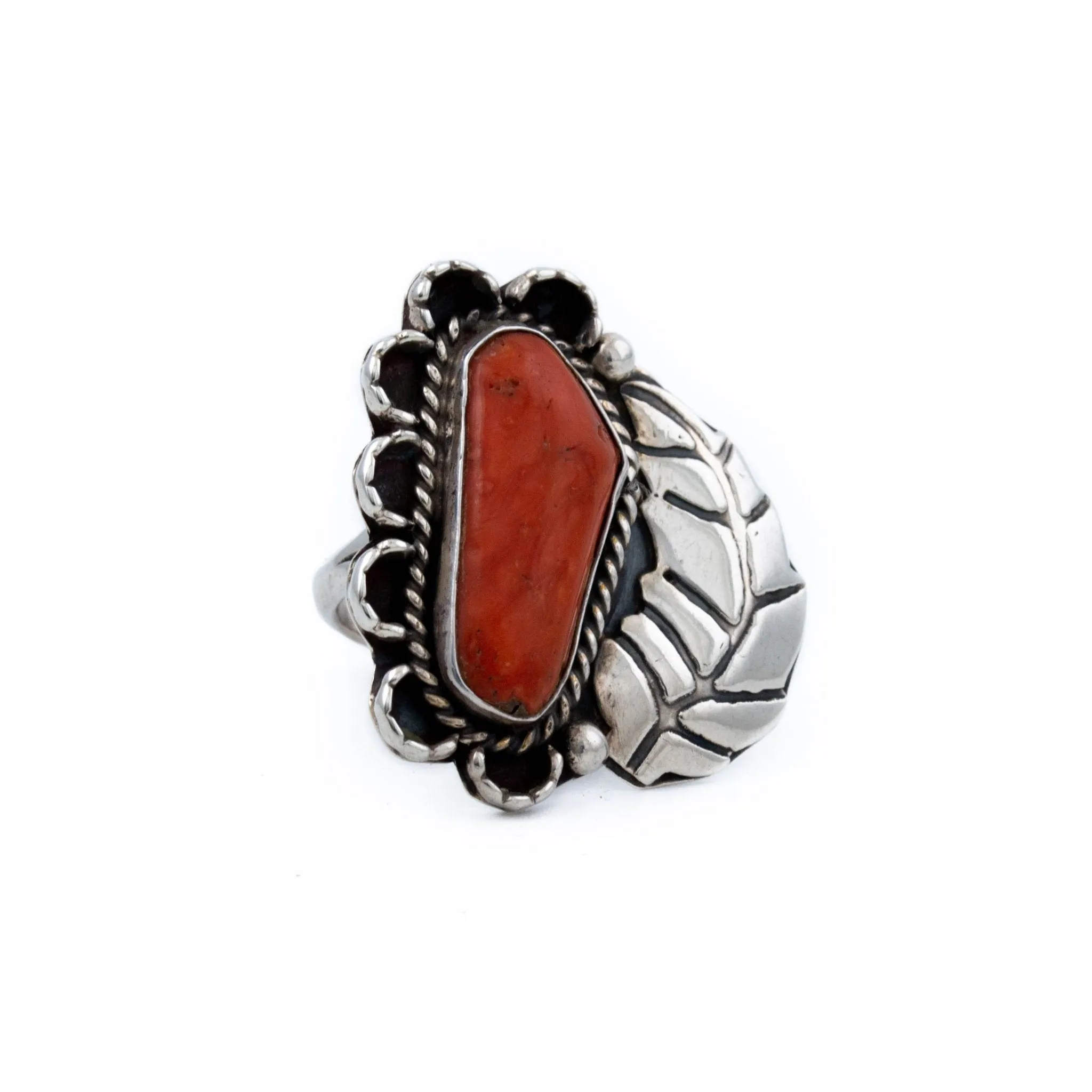 Leaf-Bezel Coral Ring