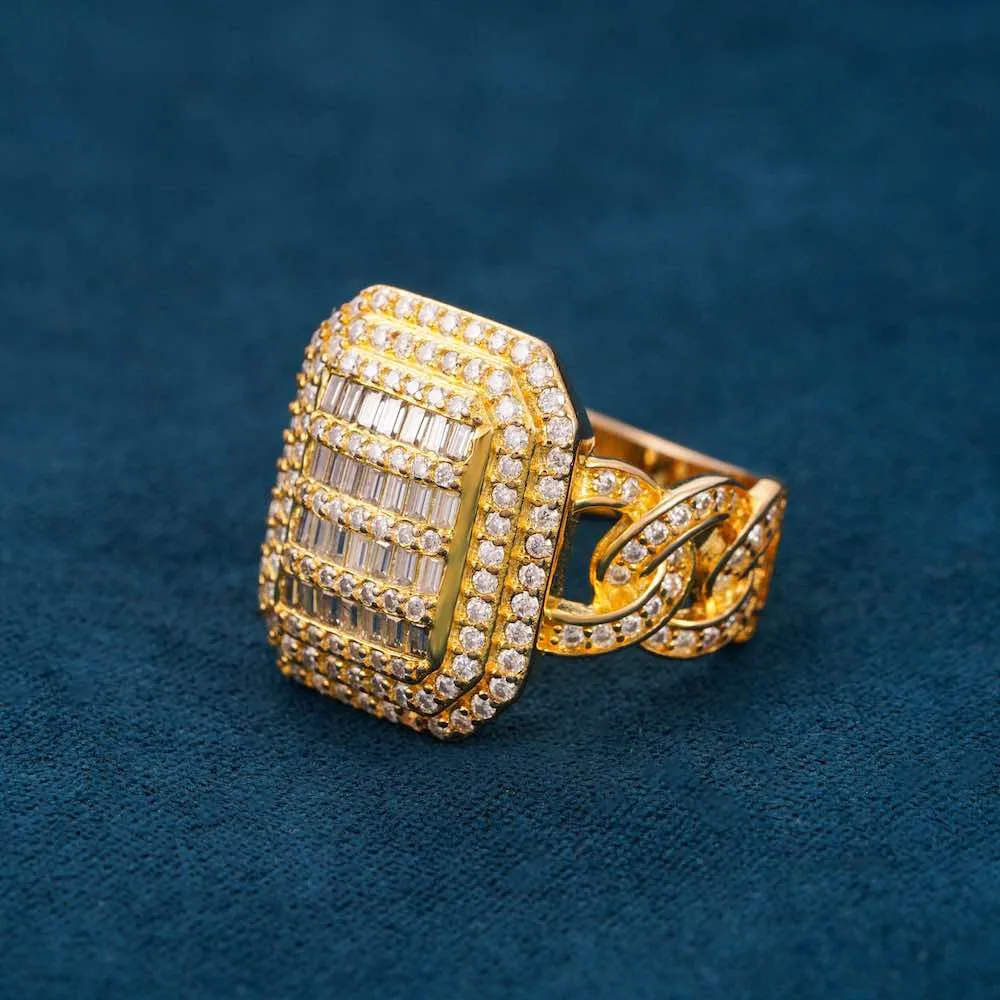 Moissanite Signet Miami Cuban Link Ring 14K Gold