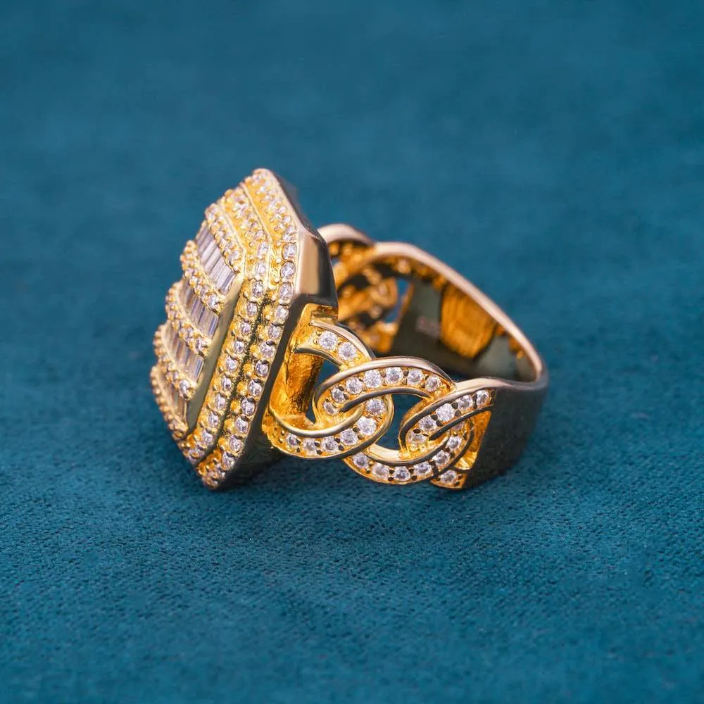 Moissanite Signet Miami Cuban Link Ring 14K Gold