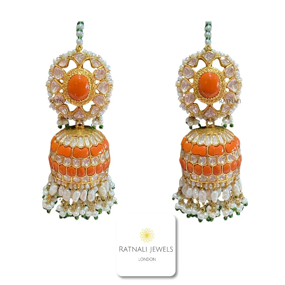 Moonga Set | Coral and Polki gemstone Necklace and Jhumka Earrings Set in gold-plated silver