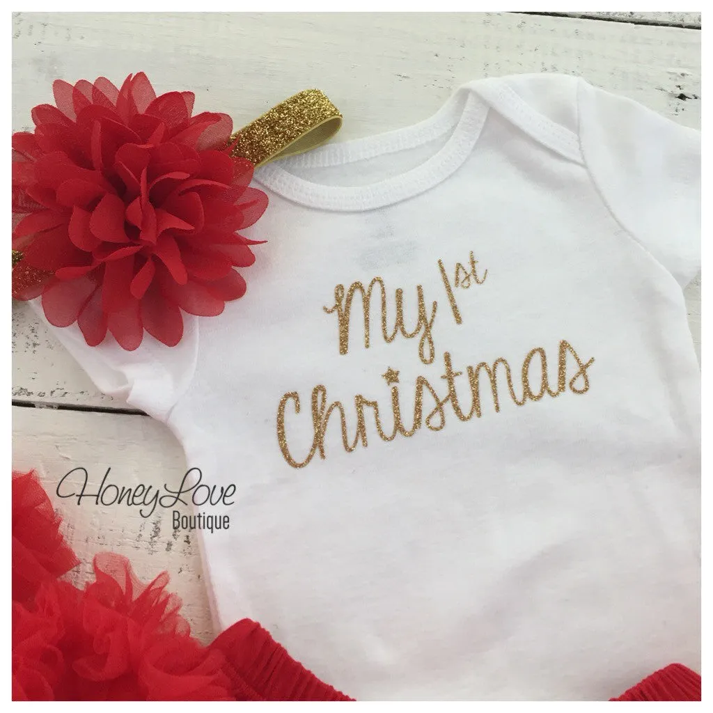 My 1st Christmas SILVER or GOLD bodysuit and headband Set