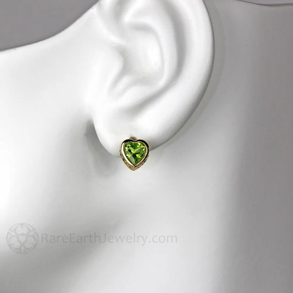 Natural Peridot Earrings 14K Gold Heart Shaped Studs August Birthstone