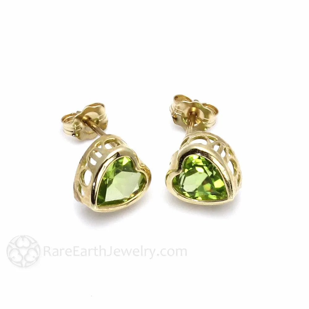 Natural Peridot Earrings 14K Gold Heart Shaped Studs August Birthstone