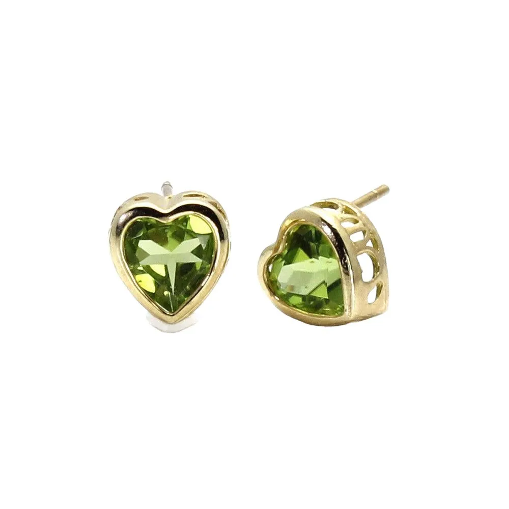 Natural Peridot Earrings 14K Gold Heart Shaped Studs August Birthstone