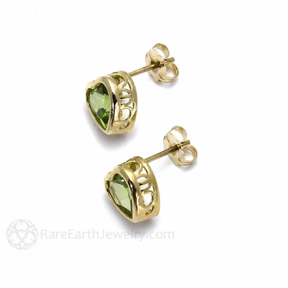 Natural Peridot Earrings 14K Gold Heart Shaped Studs August Birthstone