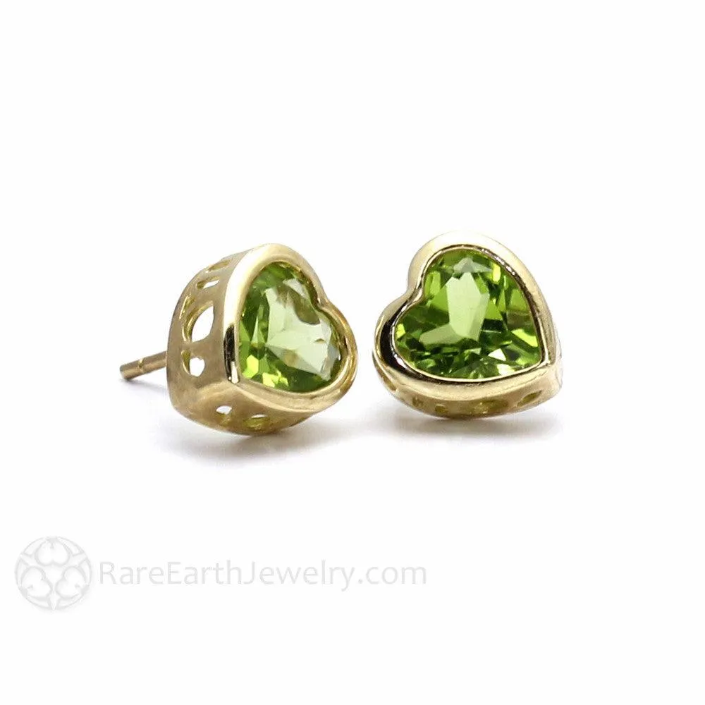 Natural Peridot Earrings 14K Gold Heart Shaped Studs August Birthstone