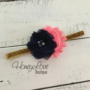 Navy and Coral - Silver or Gold glitter headband