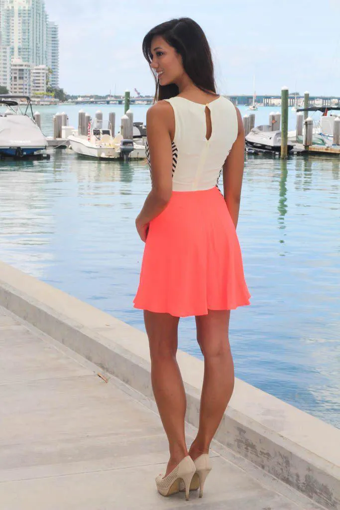 Neon Coral Chevron Dress With Pockets