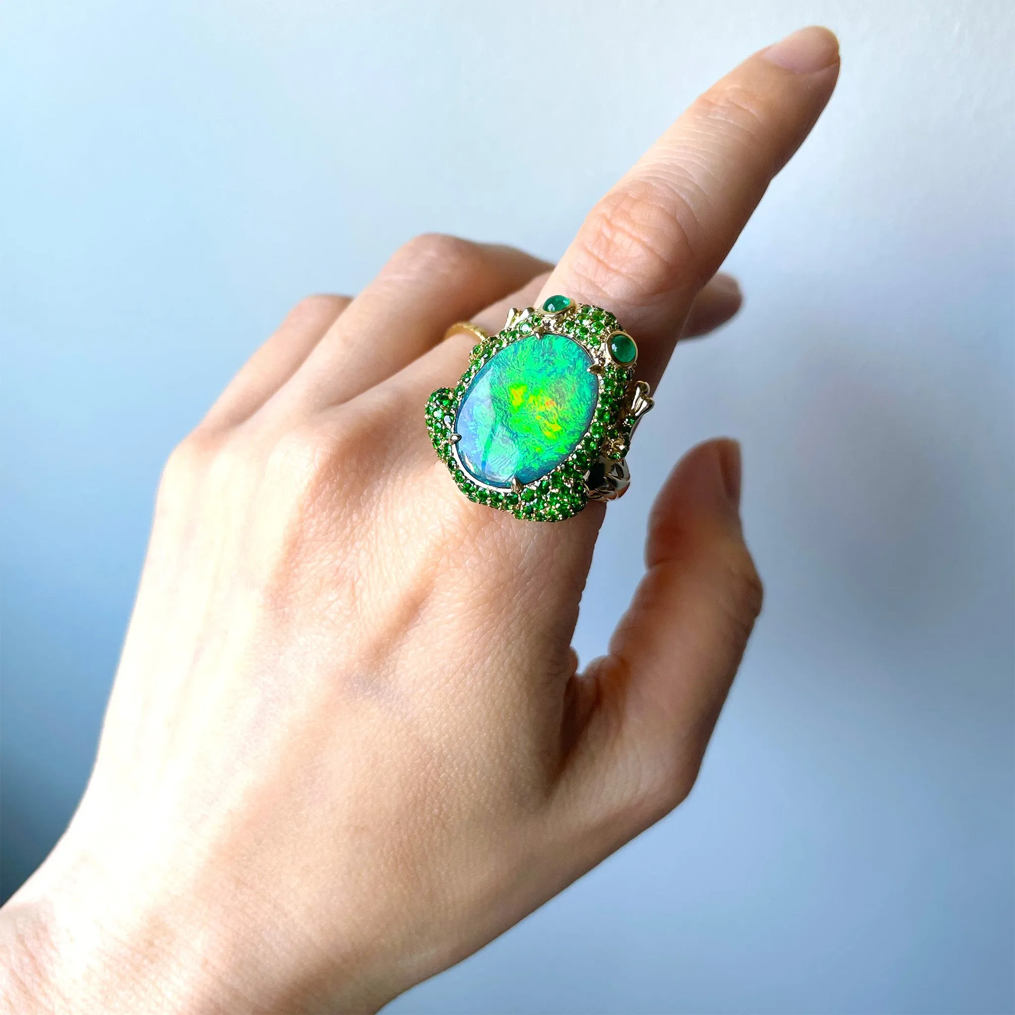 One of a Kind Australian Black Opal, Tsavorite and Emerald Frog Ring