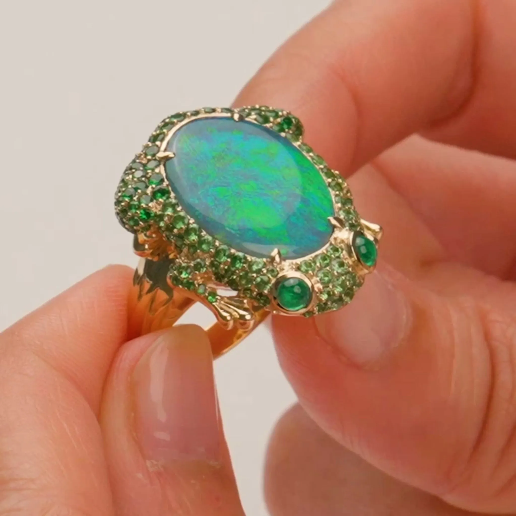 One of a Kind Australian Black Opal, Tsavorite and Emerald Frog Ring