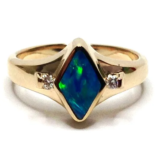 Opal Rings Diamond Shape Inlaid Design with .05ctw Round Diamonds