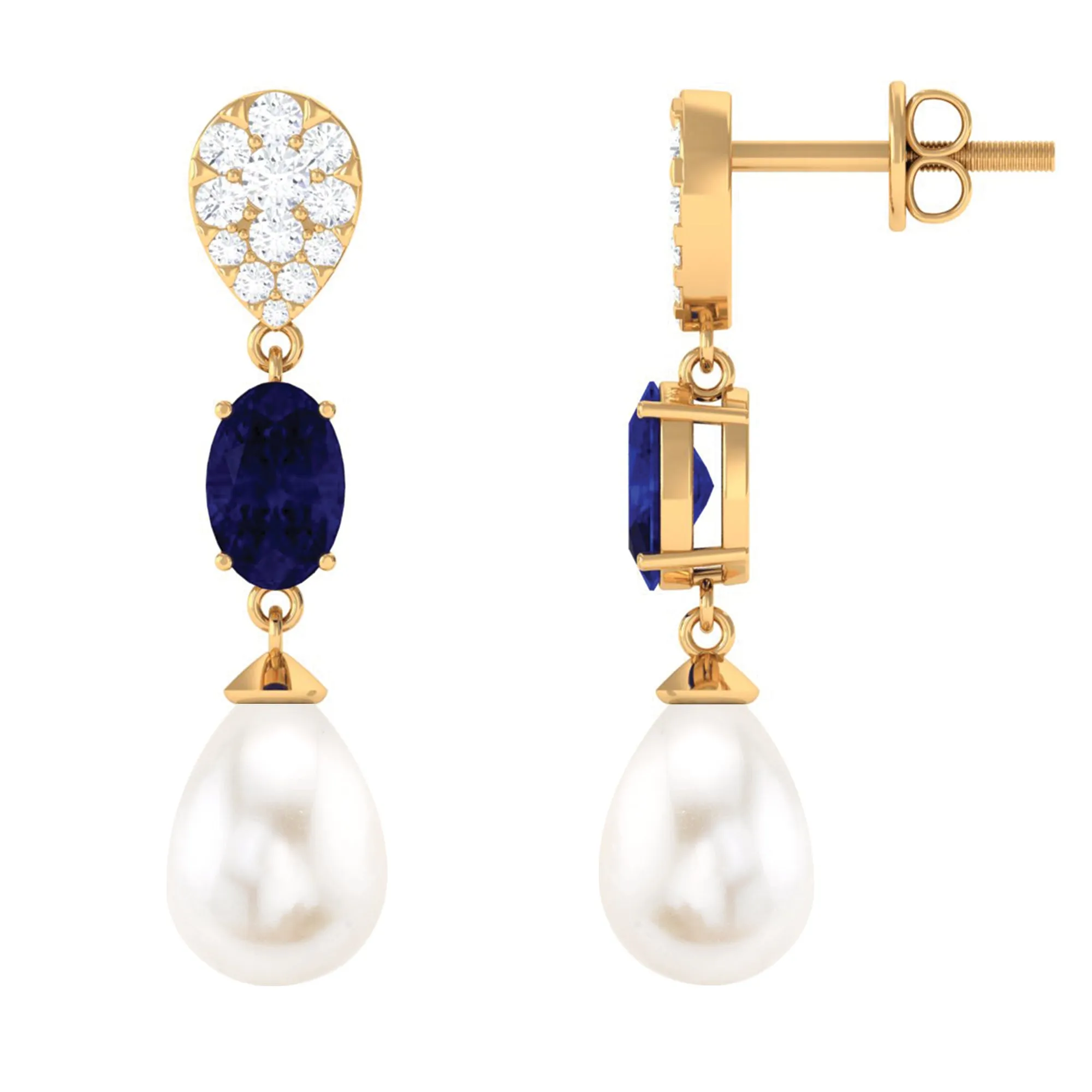 Oval Created Blue Sapphire and Freshwater Pearl Dangle Earrings with Moissanite