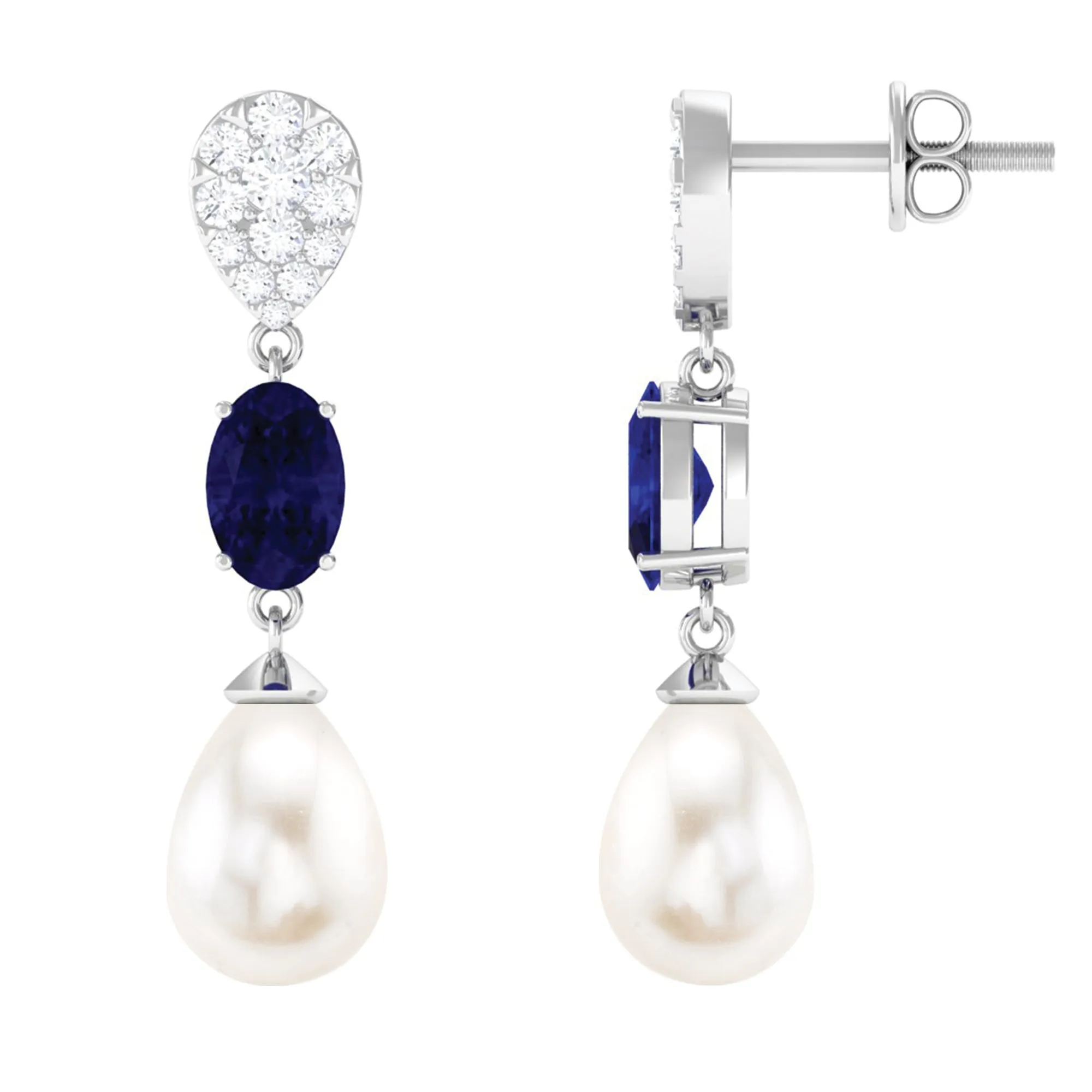 Oval Created Blue Sapphire and Freshwater Pearl Dangle Earrings with Moissanite