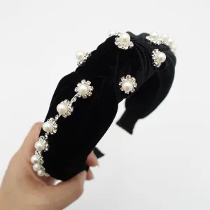 pearl rhinestone headband flower knotted velvet womens hairband accessory