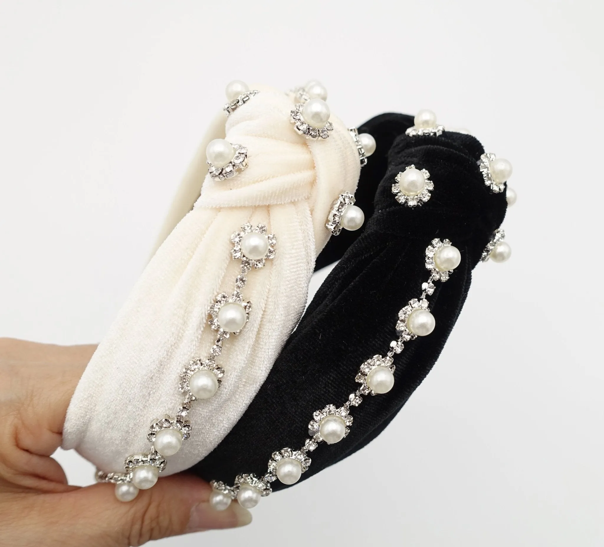 pearl rhinestone headband flower knotted velvet womens hairband accessory