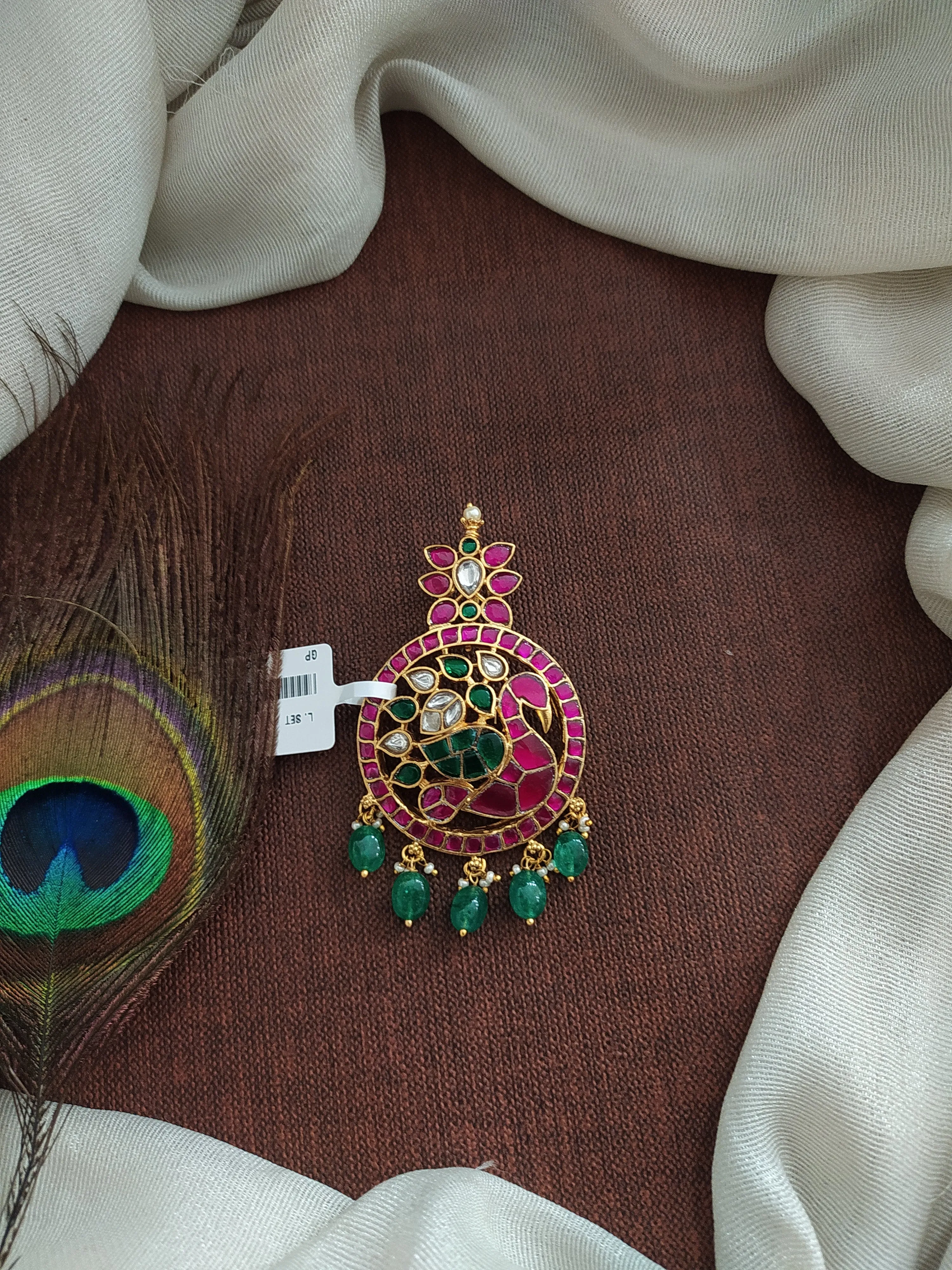 Real Gold Replica: Jadau Kundan Pendant Set with Peacock Design