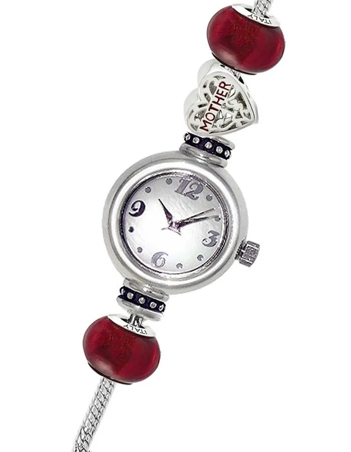 Reflection Beads Sterling Silver Watch - Mother Set - White Mother of Pearl Dial