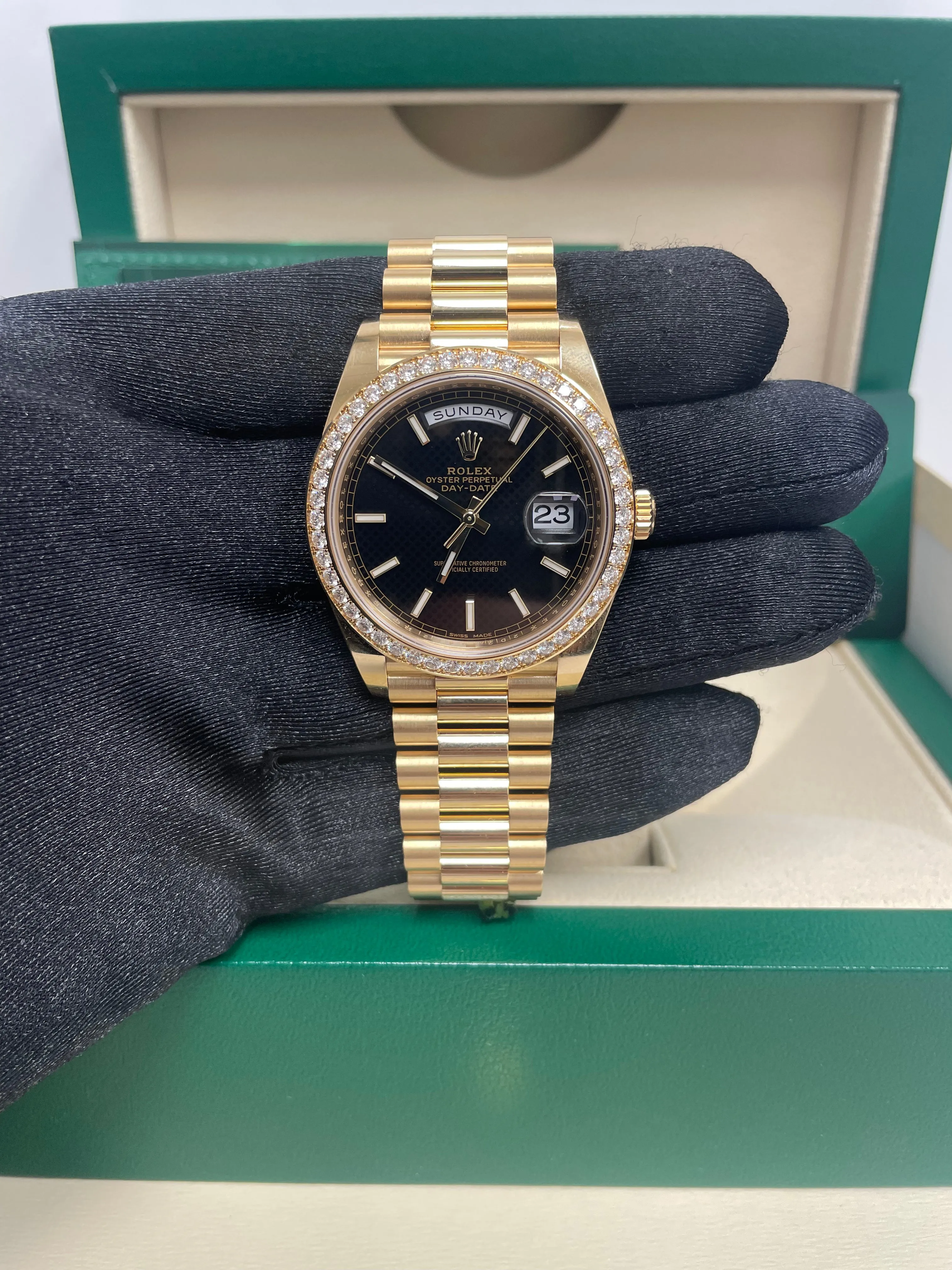 Rolex Day-Date 40 Yellow Gold - Black Diamond Dial - Diamond Bezel - President Bracelet (Ref# 228348RBR)