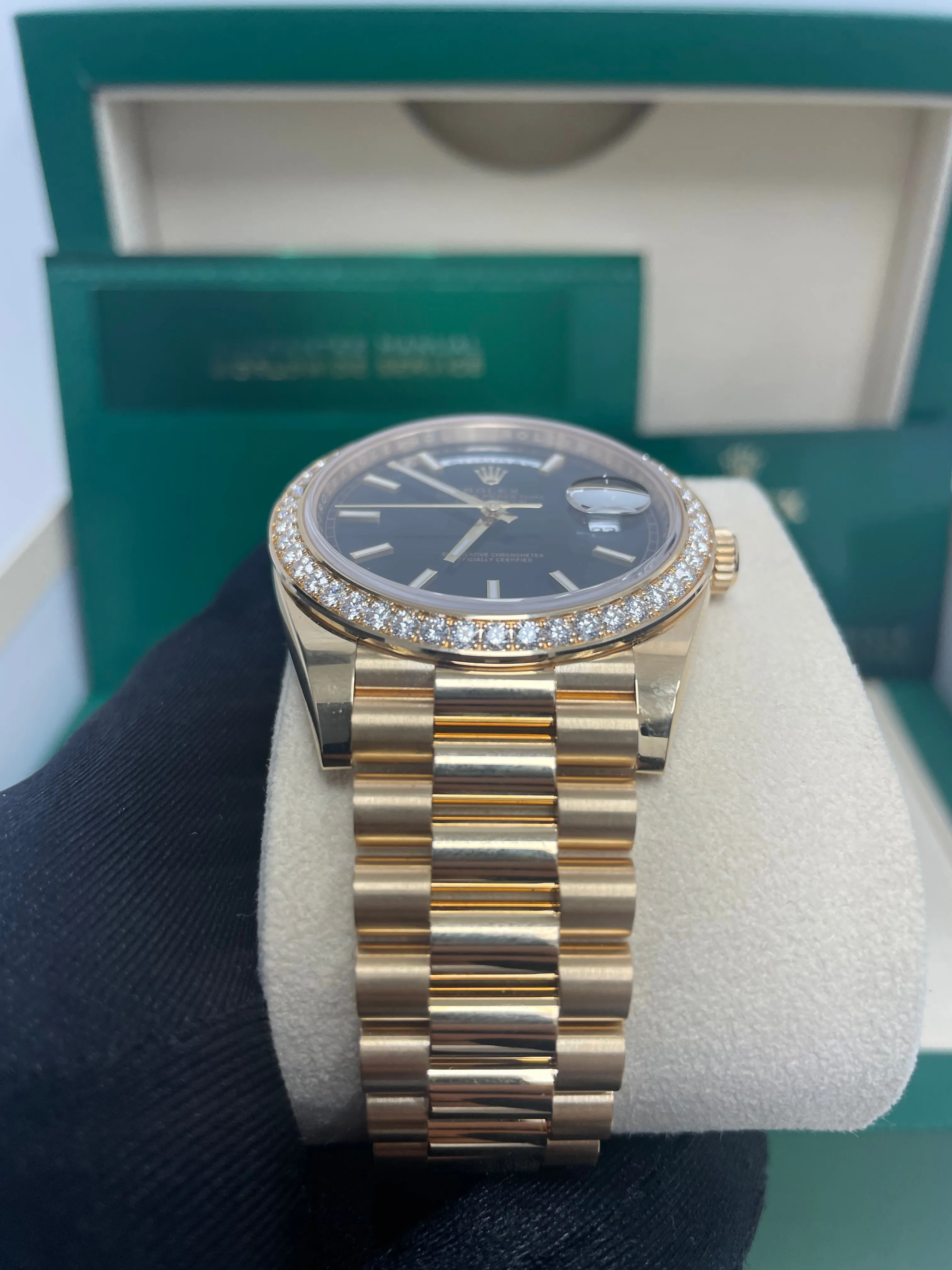 Rolex Day-Date 40 Yellow Gold - Black Diamond Dial - Diamond Bezel - President Bracelet (Ref# 228348RBR)