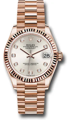 Rolex Everose Gold Datejust 31 Watch - Fluted Bezel - Silver Diamond Dial - President Bracelet 278275 sdp