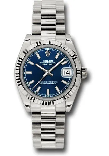 Rolex White Gold Datejust 31 Watch - Fluted Bezel - Blue Index Dial - President Bracelet 178279 blip