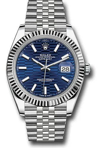 Rolex White Rolesor Datejust 41 Watch - Fluted Bezel - Bright Blue Fluted Motif Index Dial - Jubilee Bracelet - 126334 blflmij