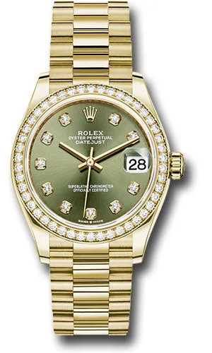 Rolex Yellow Gold Datejust 31 Watch - Diamond Bezel - Olive Green Diamond Dial - President Bracelet 278288RBR ogdp