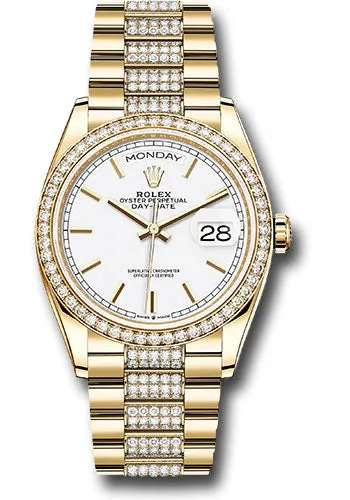 Rolex Yellow Gold Day-Date 36 Watch - Diamond Bezel - White Index Dial - Diamond President Bracelet - 128348rbr wip