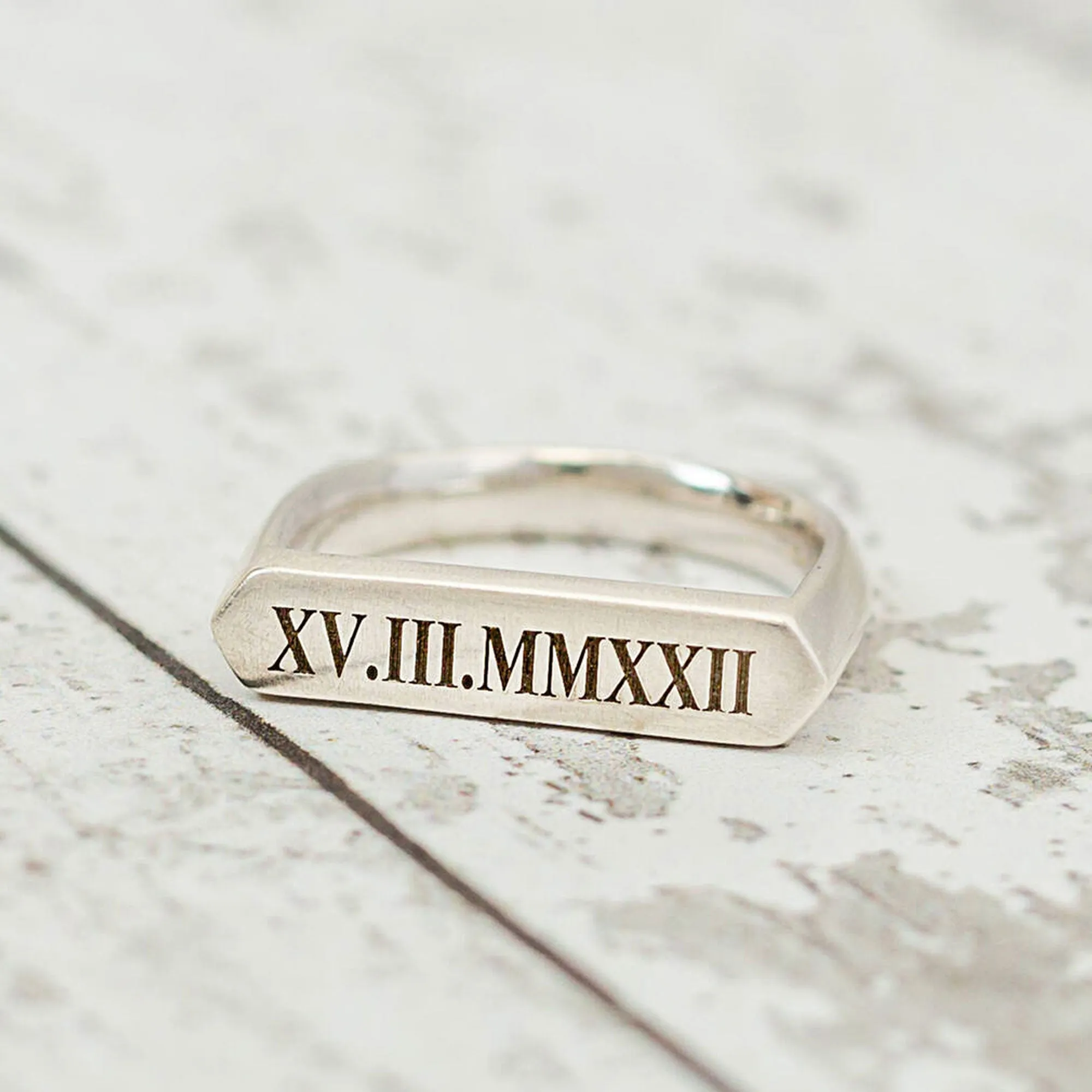 Roman Numerals Bar Silver Signet Ring