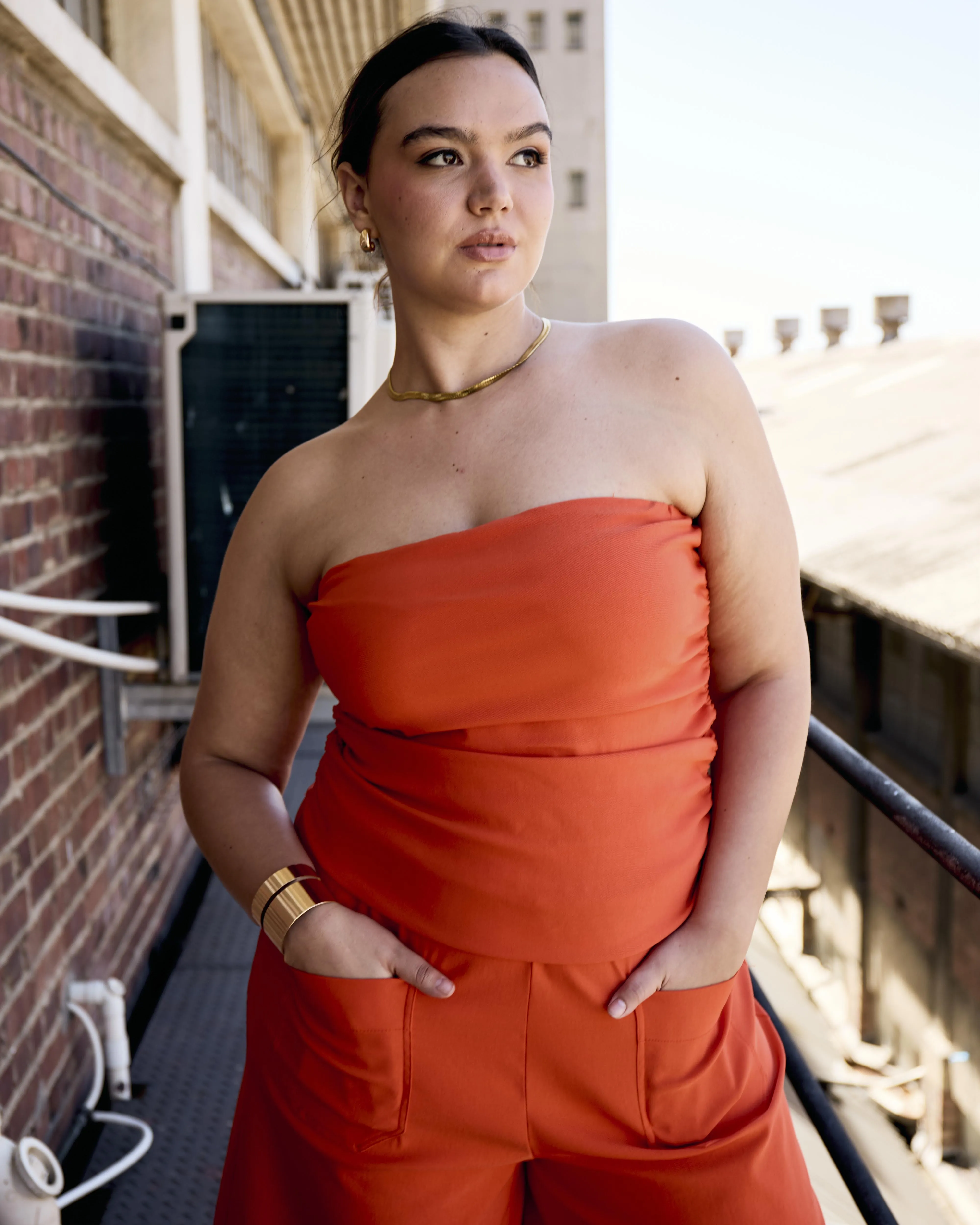 Ruched Bustier Top in Coral