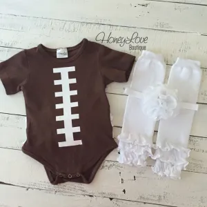 Ruffle Bottom Football bodysuit and optional headband and leg warmers