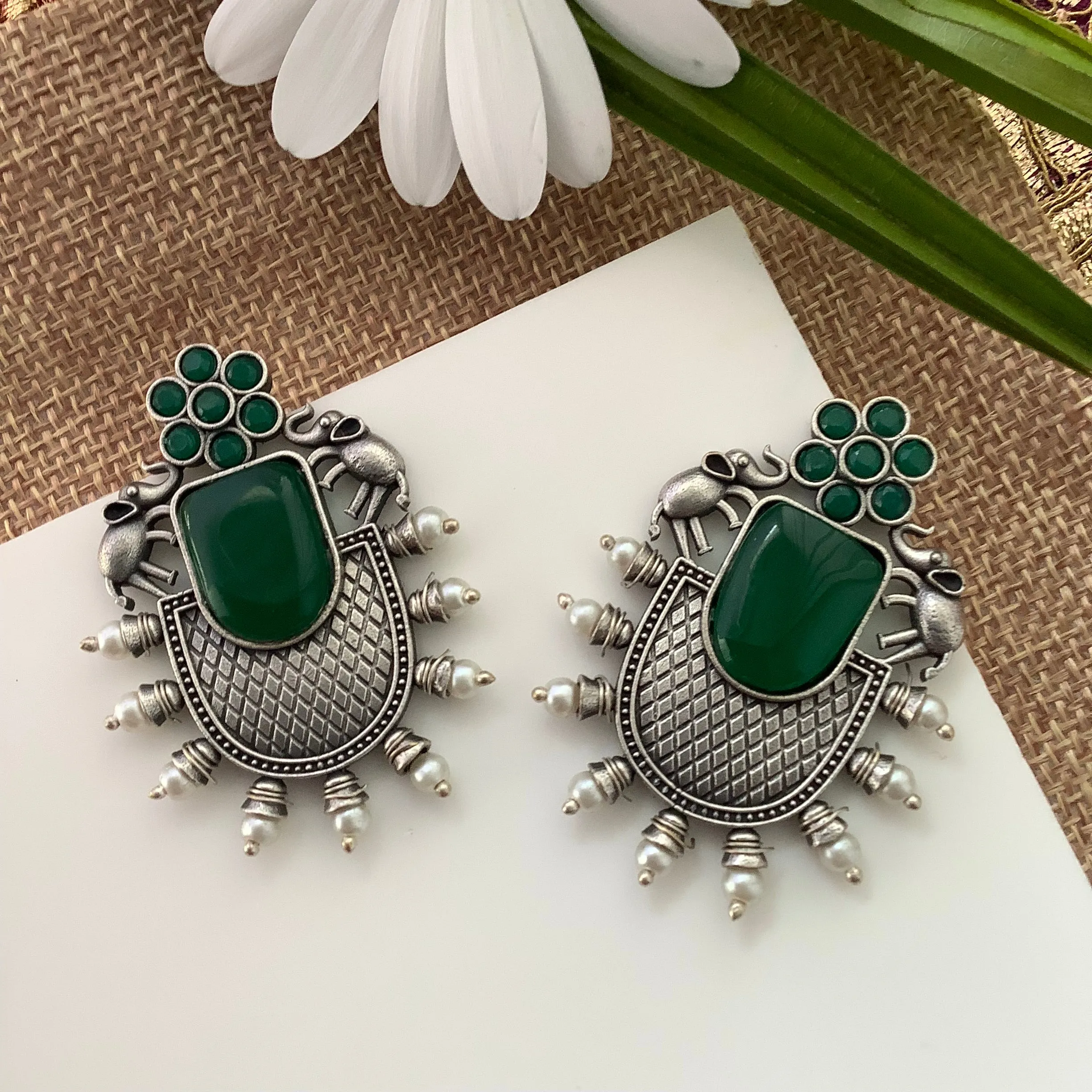 Salvanity Fashion Jewellery German Silver City Lights Earrings Emerald Green