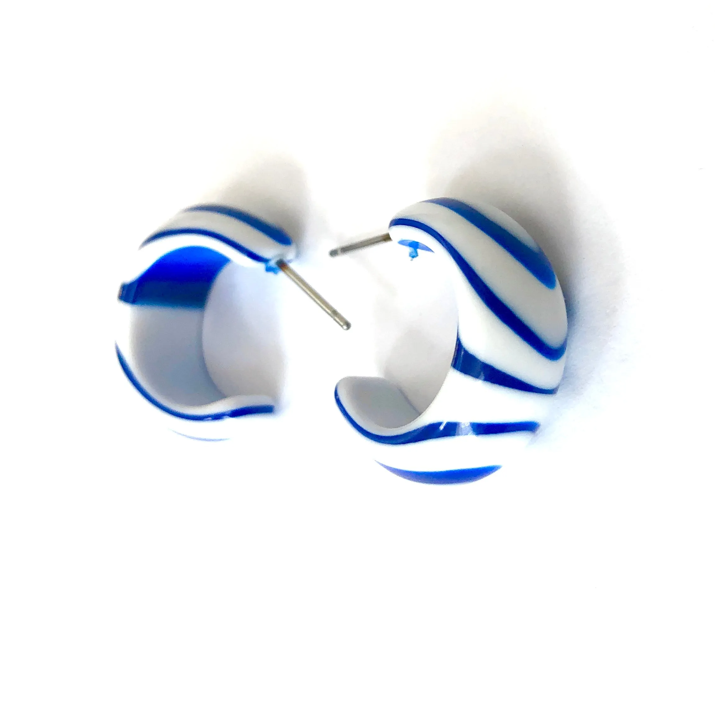 Sapphire Blue and White Stripe Bulb Agate Hoop Earrings