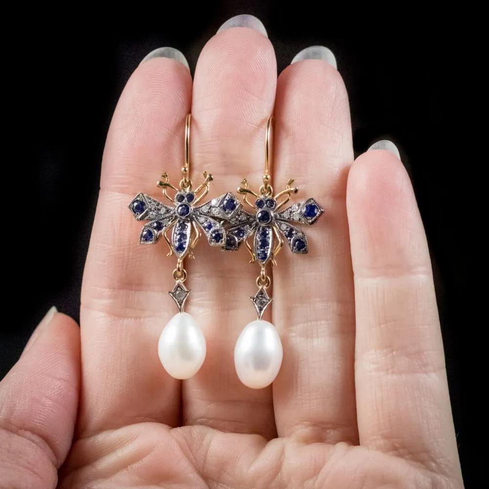 Sapphire Diamond Pearl Insect Earrings 9Ct Gold