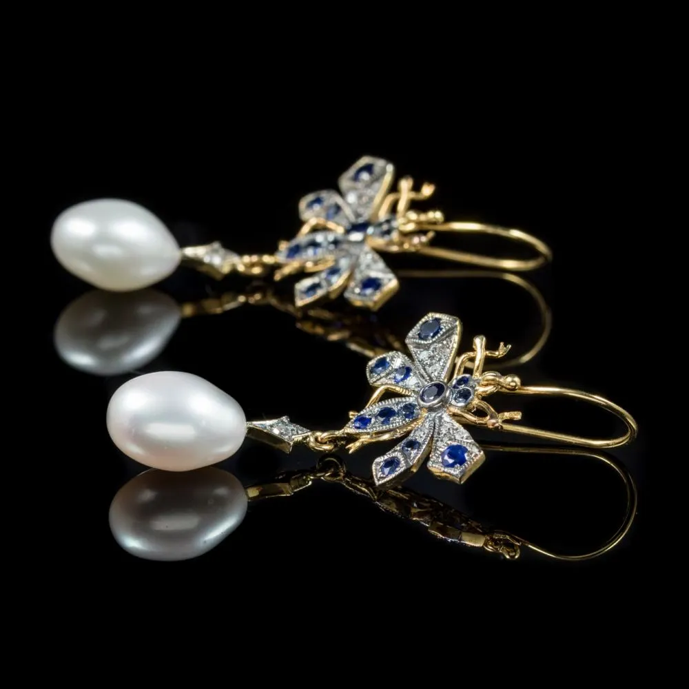 Sapphire Diamond Pearl Insect Earrings 9Ct Gold