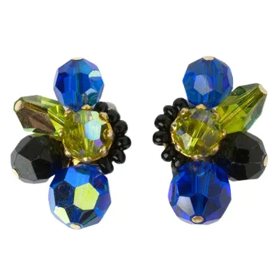 Sapphire, Onyx & Citrine Bead 1950s Earrings