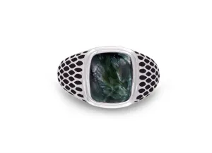 Seraphinite Stone Signet Ring in Black Rhodium Plated Sterling Silver