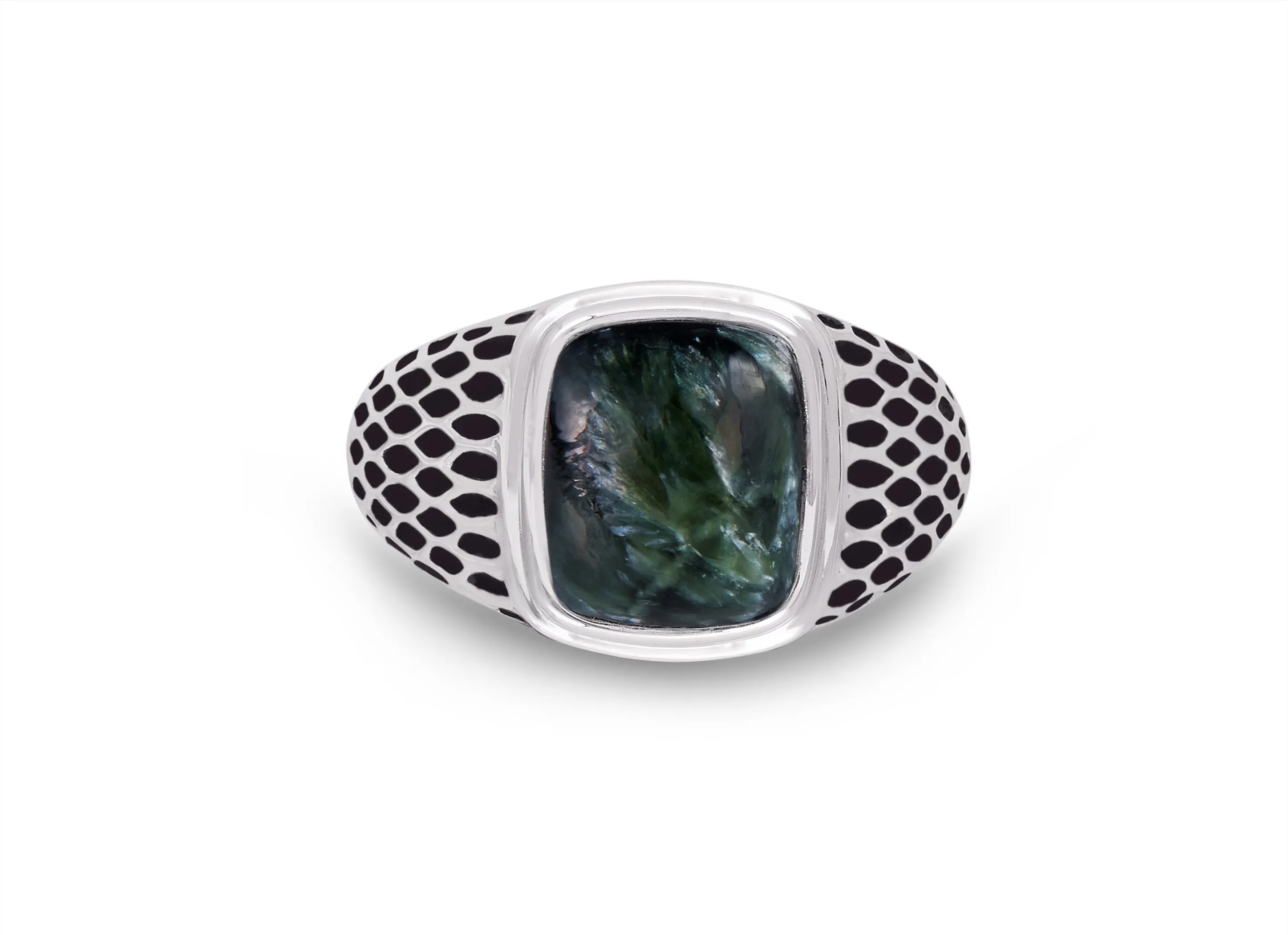 Seraphinite Stone Signet Ring in Black Rhodium Plated Sterling Silver