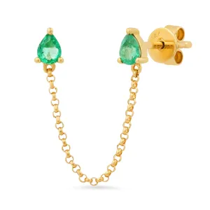 SINGLE EMERALD PEAR DROP CHAIN STUD, 14kt GOLD