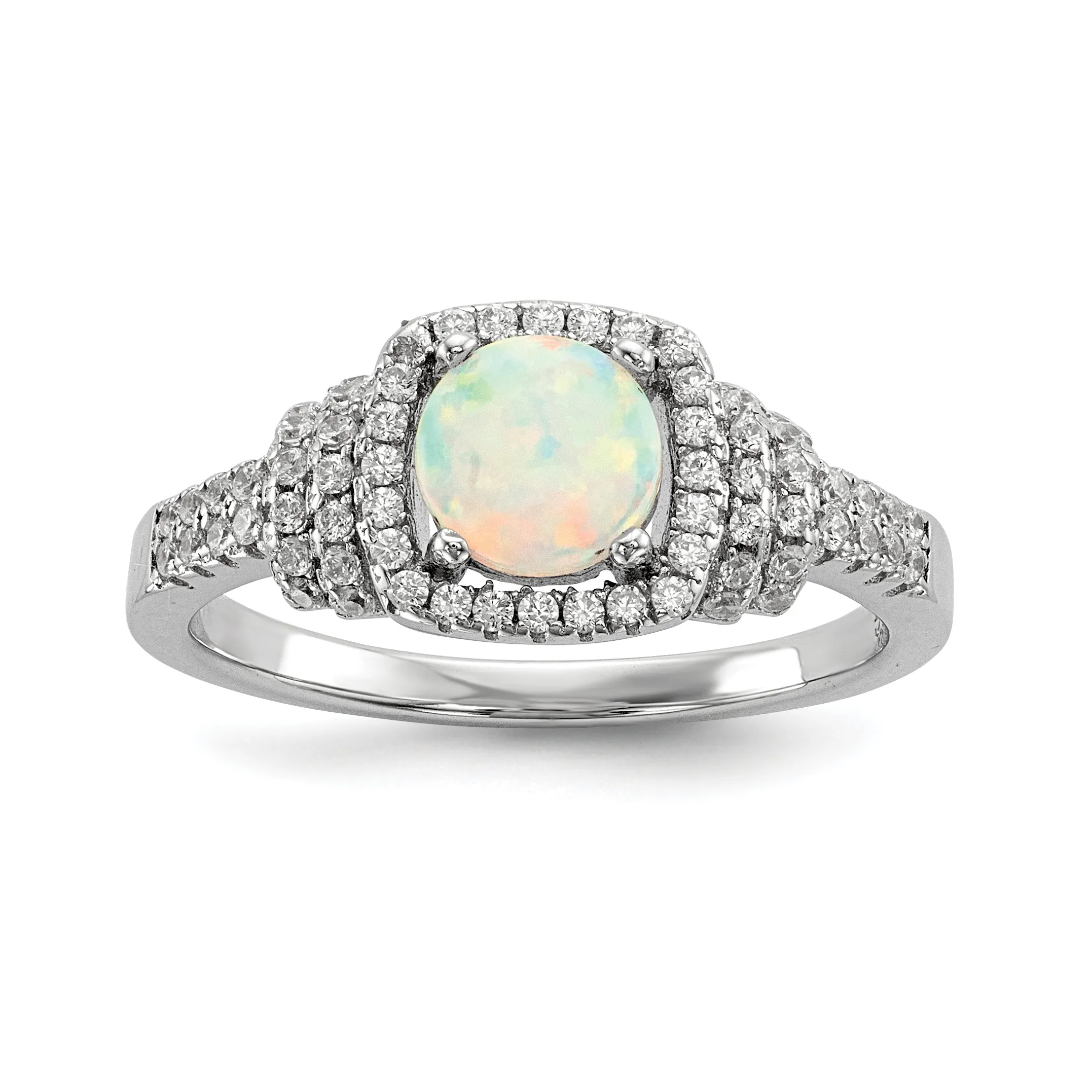 Sterling Silver Round Created White Opal and CZ Halo Ring