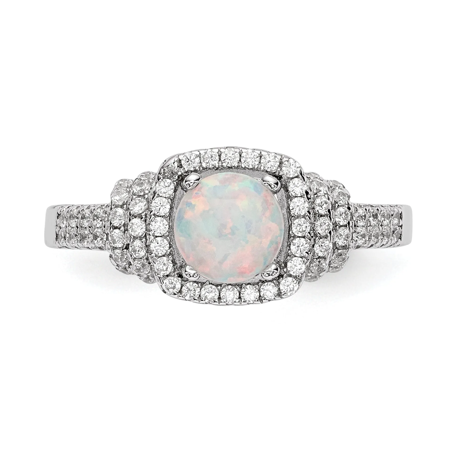 Sterling Silver Round Created White Opal and CZ Halo Ring