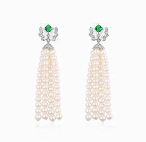 THIALH - FAUNA & FLORA - Butterfly Emerald, Mother of Pearl and Diamond Tassel Pearl Earrings