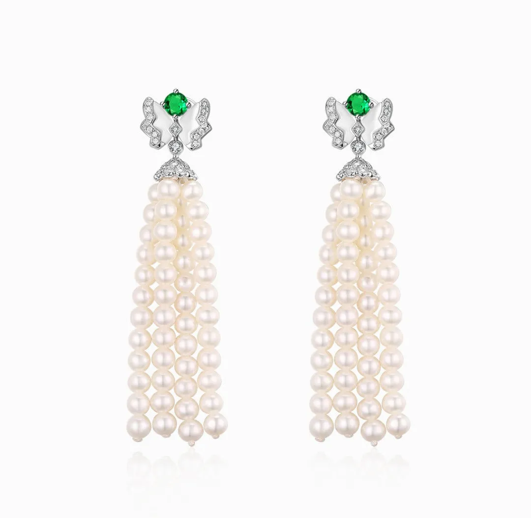 THIALH - FAUNA & FLORA - Butterfly Emerald, Mother of Pearl and Diamond Tassel Pearl Earrings