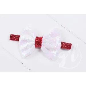 Two-in-One Sequined Bow Headband & Belt, Christmas White Bow on Red Band