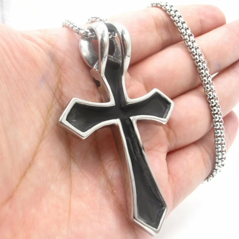 US 1-2 Pack Stainless Steel Large Egyptian Ankh Cross Pendant Necklace For Men