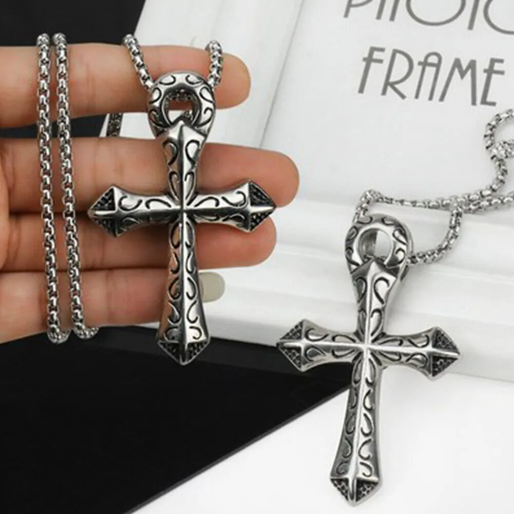 US 1-2 Pack Stainless Steel Large Egyptian Ankh Cross Pendant Necklace For Men