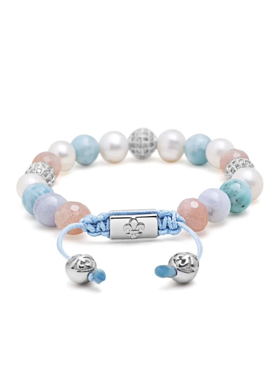 Women's Beaded Bracelet with Larimar, Pearl, Blue Lace Agate and Pink Aventurine