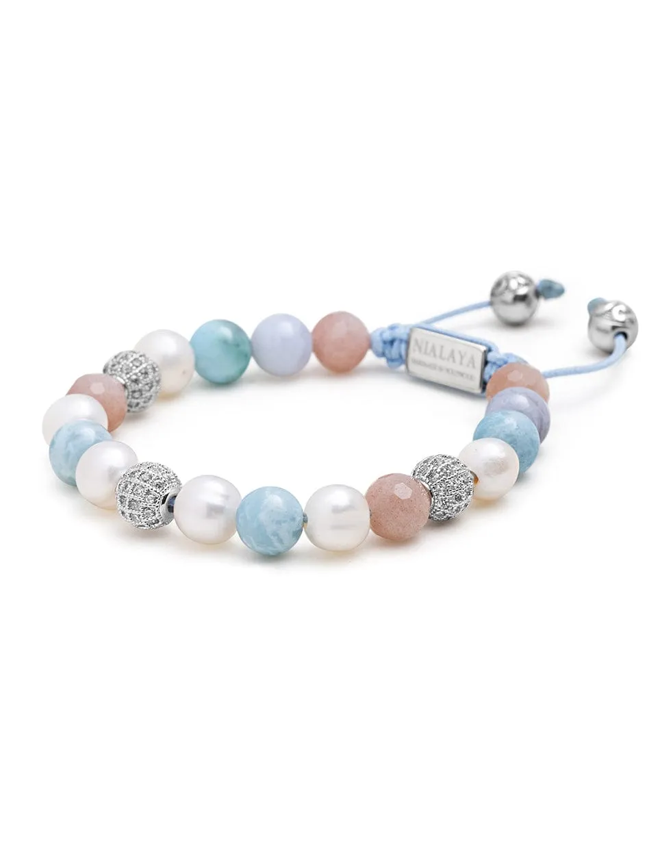 Women's Beaded Bracelet with Larimar, Pearl, Blue Lace Agate and Pink Aventurine